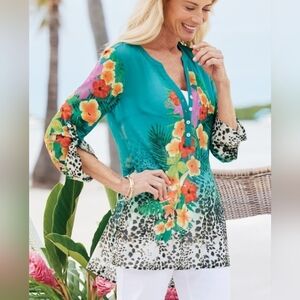 Soft Surroundings Chiffon Tunic Top Womens L Floral Hawaiian Leopard  Beachy